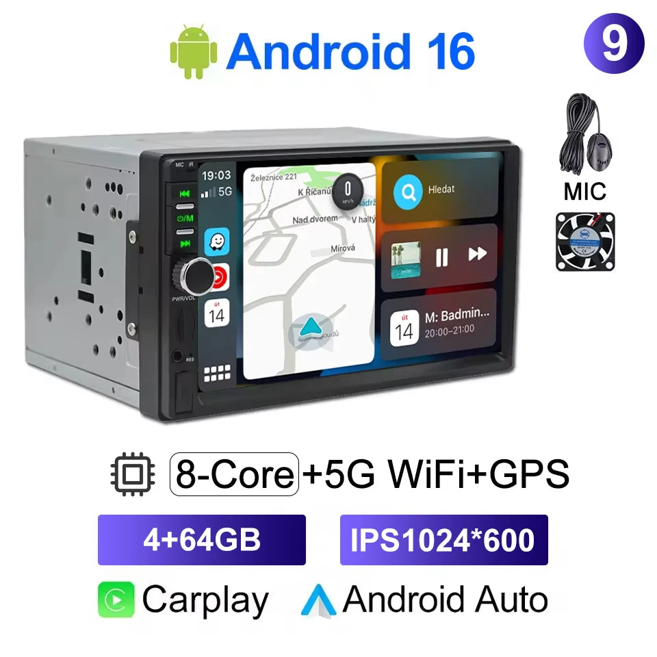 CAIXI Universal 2-DIN Android 14 Car Stereo — CarPlay, Android Auto, GPS for Toyota, Nissan, Jeep, Hyundai, Kia, Chevrolet, VW, Fiat