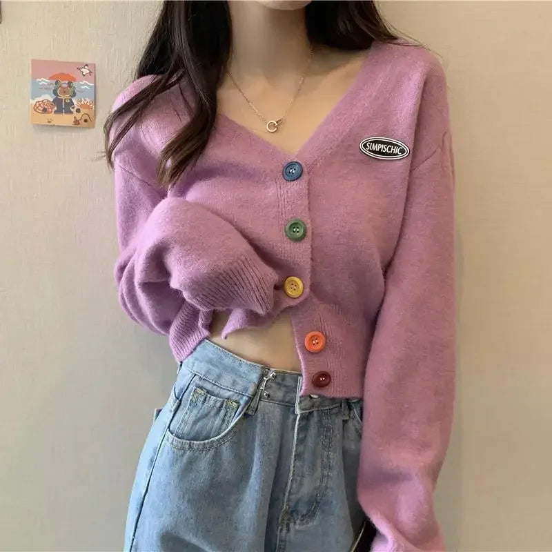 Cardigan for Women Long Sleeve Knitted Sweaters Sweater Cropped Crochet Kawaii V Neck Cardigans Woman Black Tops Cute 2025 Trend