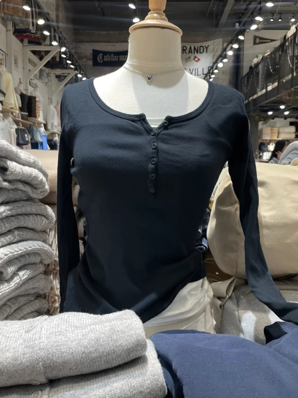 Women's Ribbed Long-Sleeve Top — Six-Button Slim Round-Neck Y2K Tee