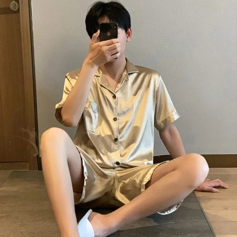 Women's & Men's Satin Pajama Set - Short Sleeve, Solid Colour