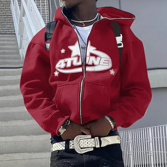 Men's Letter Print Zip-Up Hoodie, Hip Hop Style
