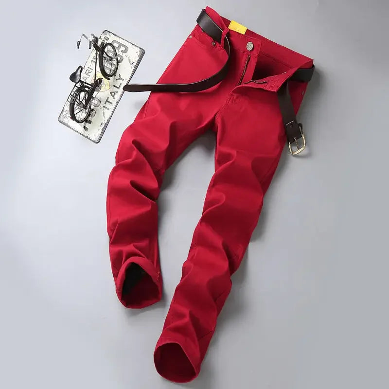 2024 New Spring Men's Slim Jeans Classic Style Straight Elasticity Cotton Denim Pants Male Brand Wine Red Black White Trousers