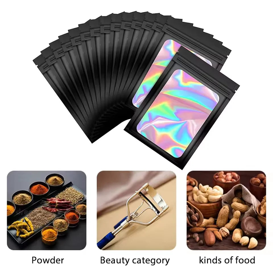 100Pcs Holographic Ziplock Bags Plastic Laser Iridescent Zip Bags for Manicure Eyelash Display Earrings Ring Jewelry Storage Bag