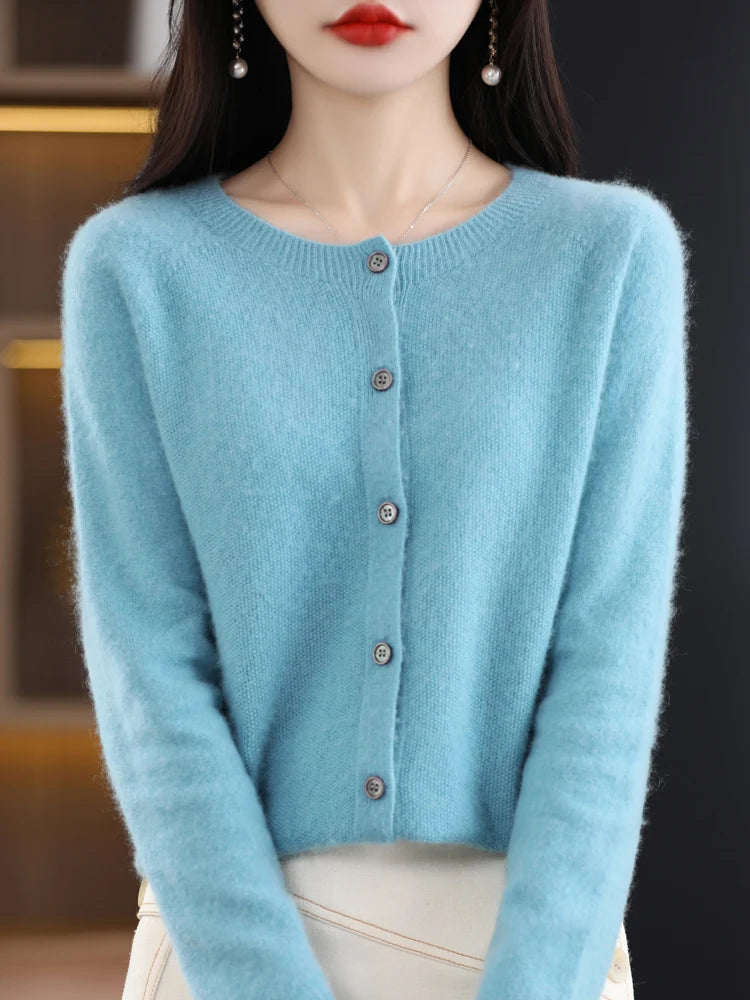 Women Cashmere Sweater 100% Merino Wool Knitted Cardigan Autumn Winter Knitwear O-Neck Female Solid Color Casual Fashion Top