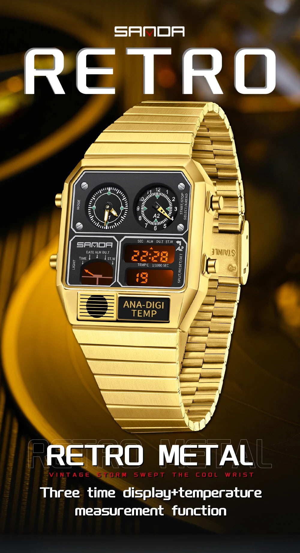 SANDA 3192 Men's Sport Watch – Analog-Digital LED, Waterproof, Stainless Steel