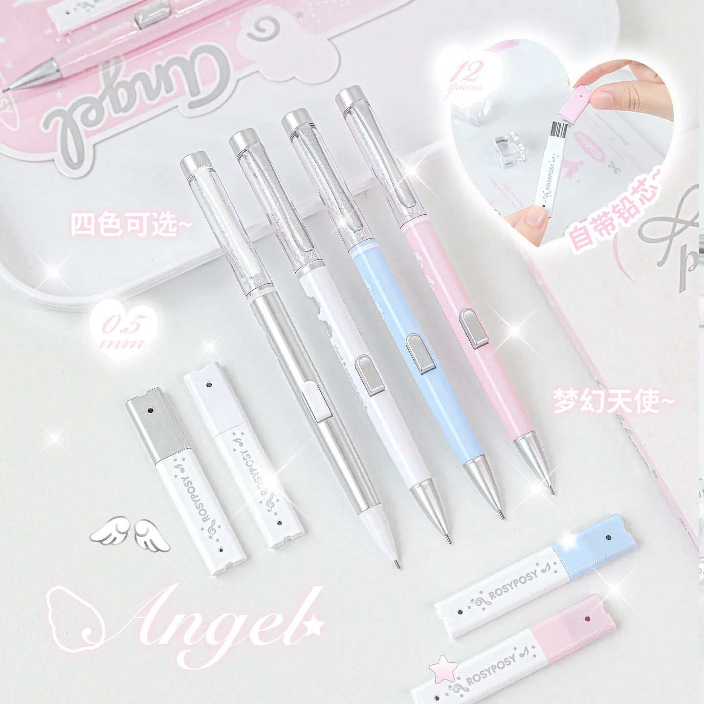 Angel Automatic Lead Set High Appearance Girl Heart Shiny Crystal Pen Holder 0.5HB Student Button Pencil and Lead Core