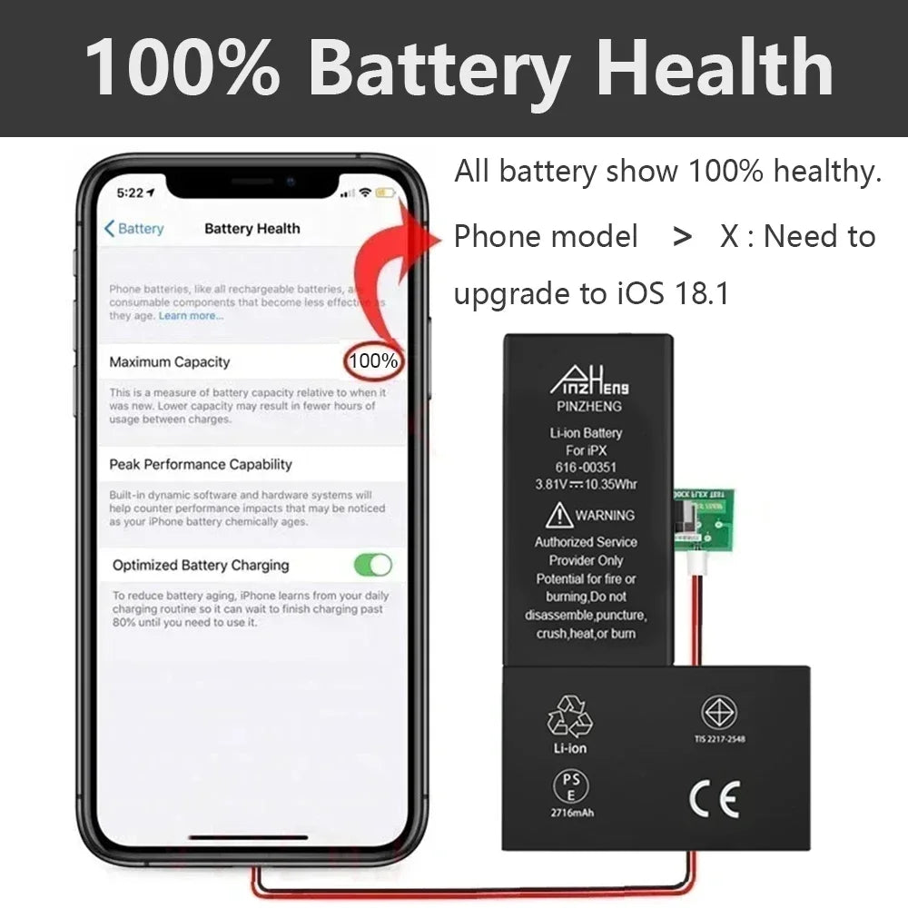 PINZHENG High Capacity Replacement Battery for iPhone X, XR, XS, 11, 12, 13 Mini Max Pro – 1-Year Warranty