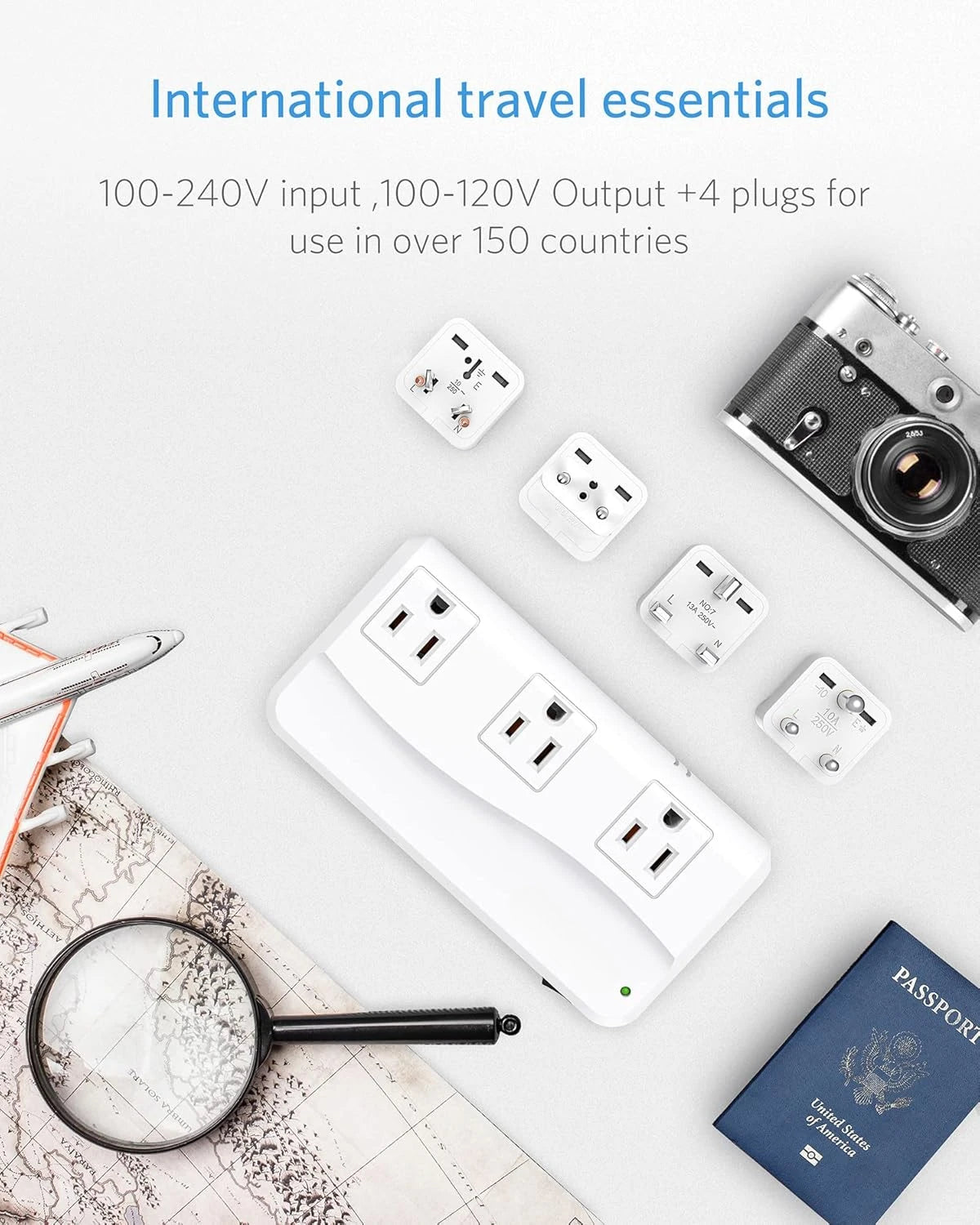 Global Travel Adapter,110-220V to 110V Converter, 250W, 6A 4-Port USB Charger, 3 AC Outlets, Fits EU/UK/AU/US/India Plugs