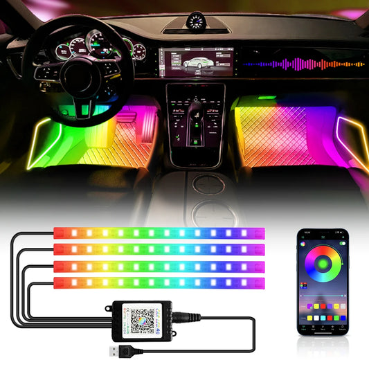 RGB LED Car Interior Ambient Light Strip – 36/48/72 LED Remote & App Music Control | USB or Cigarette Lighter | Atmosphere Foot Light