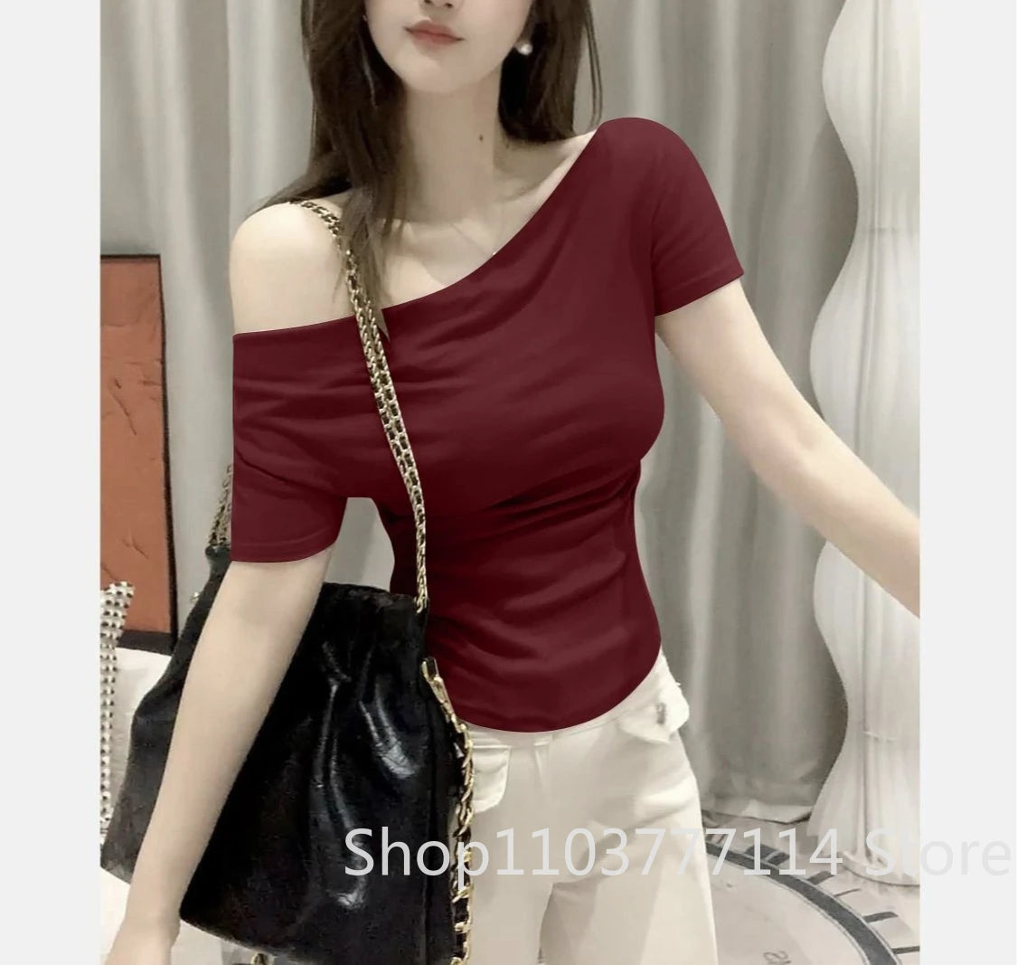 Summer Thread Solid Color Beach Fashion Versatile Women's Short Sleeved T-shirt Casual Lightweight Breathable Sexy Women's Top