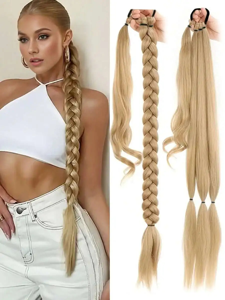 Long Braided Ponytail Hair Extensions With Hair Tie, Straight Wrap-Around Synthetic Hair, Natural Soft