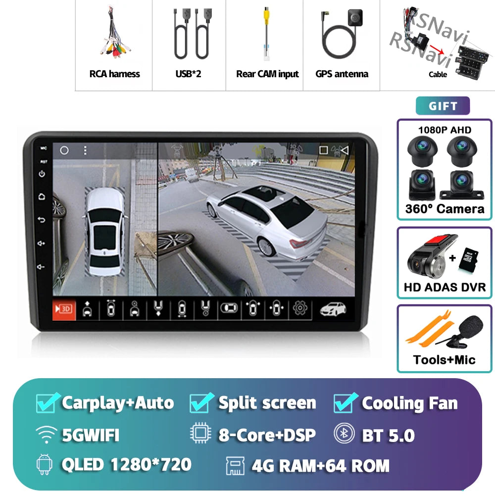 Android 16 Carplay Auto GPS Navigation For Audi A3 8P 2003 - 2013 Radio Multimedia Player 2Din Head Unit Video Stereo Car Radio