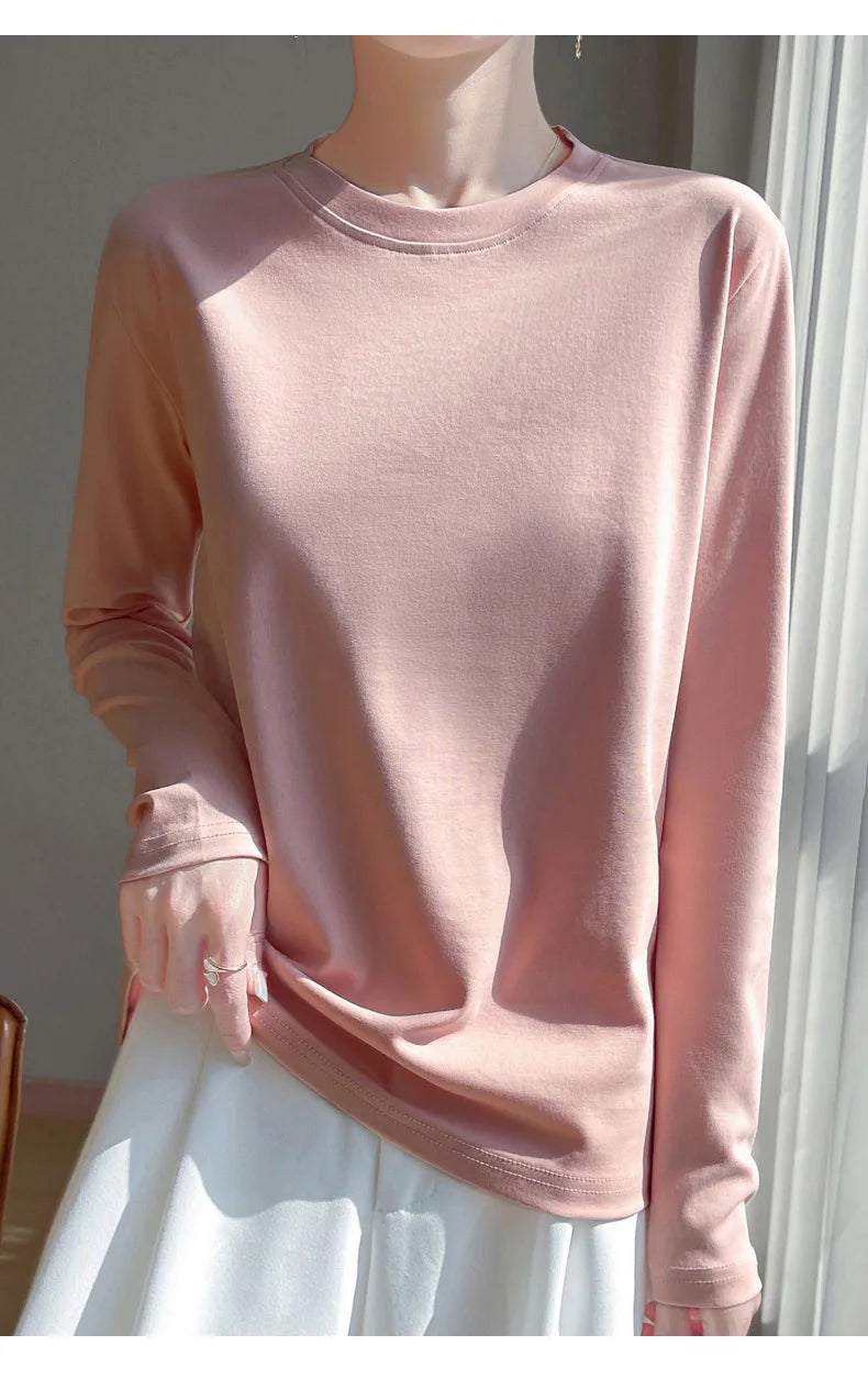 Spring And Summer New Mercerized Cotton Long Sleeve T-shirt Women's Round Neck Loose 100% Cotton Bottoming T-shirt
