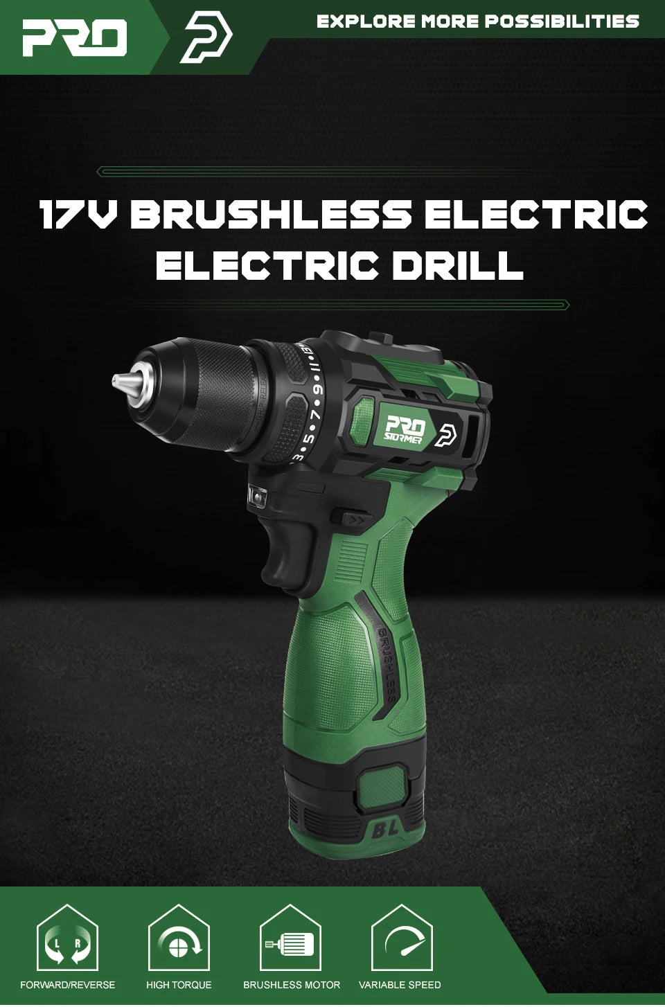 17V Brushless Electric Drill 55NM Cordless Driller Mini  Screwdriver Li-ion Battery 5pcs Bit Power Drill By PROSTORMER