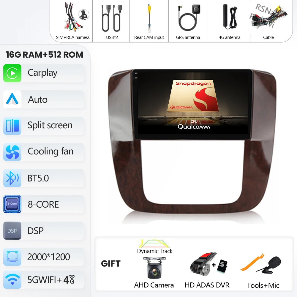 Android 16 Car Radio For GMC Yukon Chevrolet Tahoe Suburban 2008-2012 Carplay Multimedia Video Player Navigation Stereo Wifi+4G
