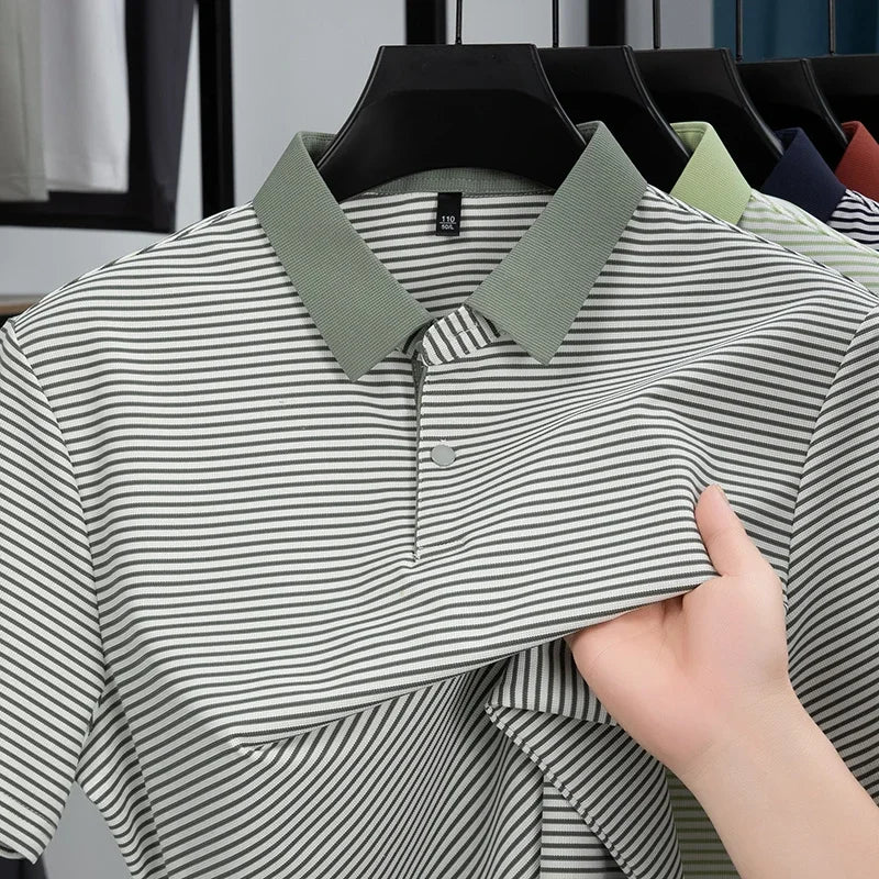 Men's Fine-Stripe Lapel Polo - Breathable Mesh, Soft Stretch