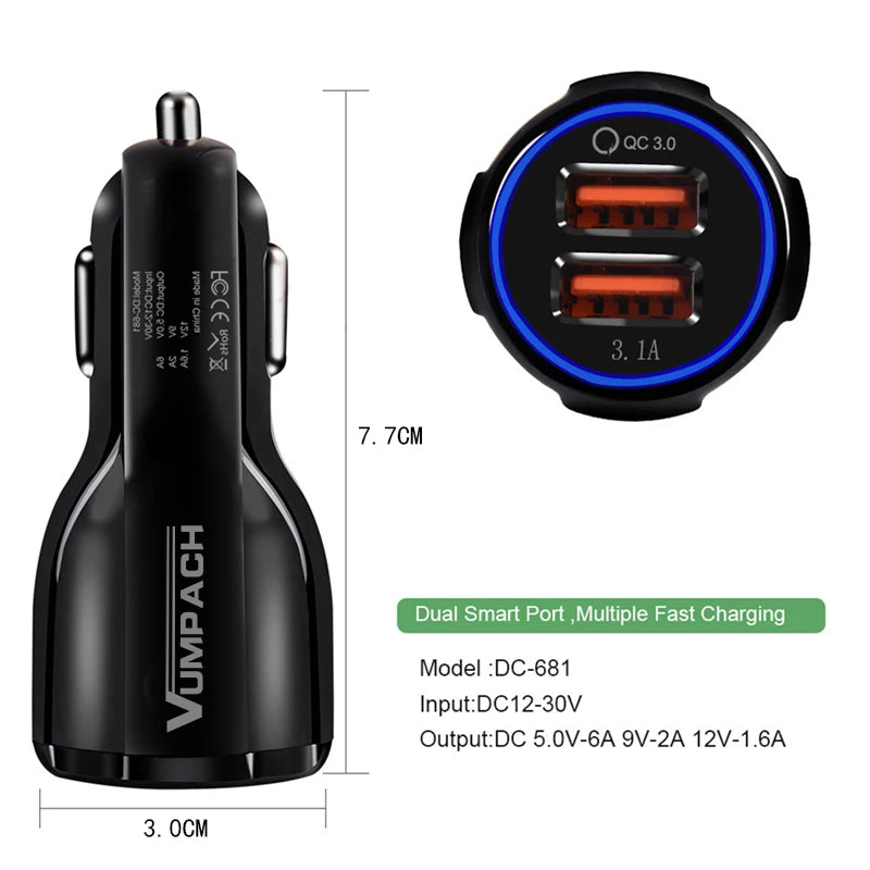 Car Charger 18W 3.1A Dual USB Fast Charging QC Phone Charger Adapter For iPhone 12 11 Pro Max 6 7 8 Xiaomi Redmi Huawei Samsung
