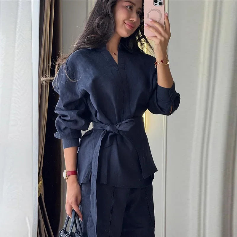 Linen Lace-Up Shirt & Wide-Leg Pants Set — Women's 2-Piece