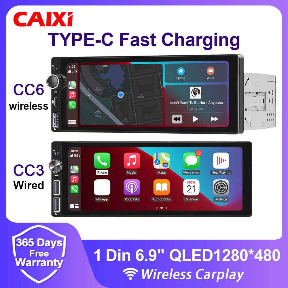 6.9" 1 DIN Universal Car Stereo with Apple CarPlay & Android Auto (MP5)