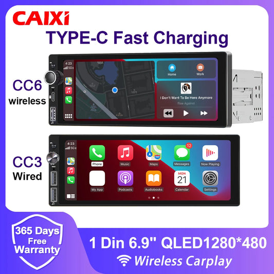 6.9" 1 DIN Universal Car Stereo with Apple CarPlay & Android Auto (MP5)