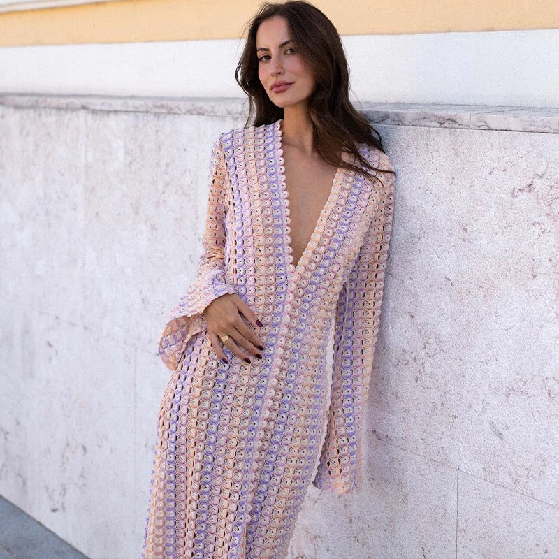 Crochet Colorful Stripe Flare Sleeve Maxi Dress Women V-neck High Split Sexy Lace Long Dresses 2026 New Beach Banquet Vestidos