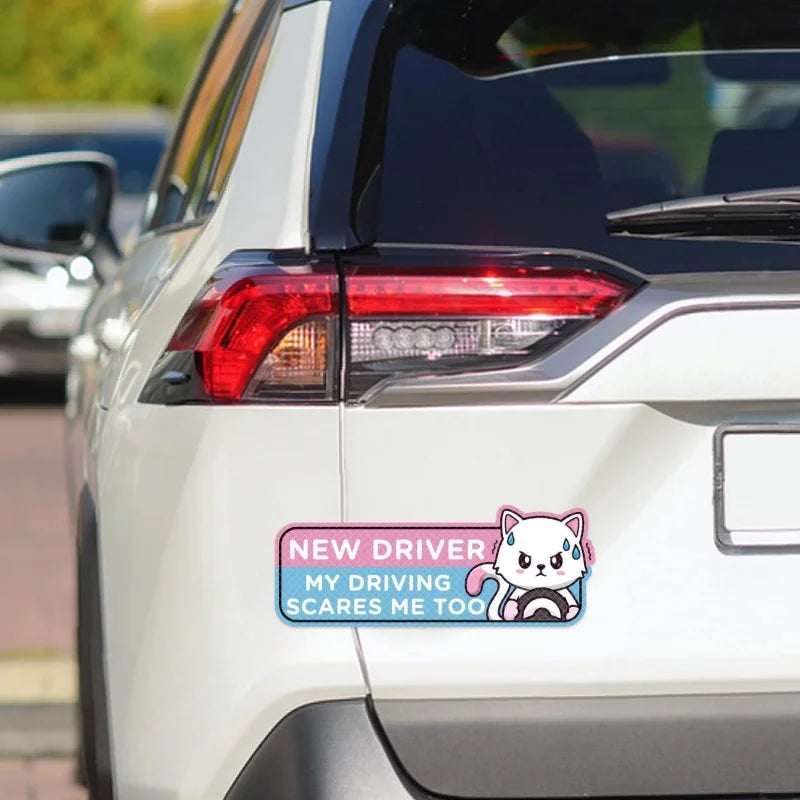 Cartoon Cat Student Driver Car Magnet – Cute Reflective New Driver Safety Bumper Sticker (Reusable)