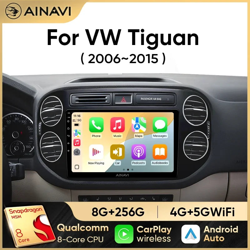 Ainavi Android Car Stereo for VW Tiguan (2006–2016) & Golf Plus — Wireless CarPlay, Android Auto, GPS, WiFi