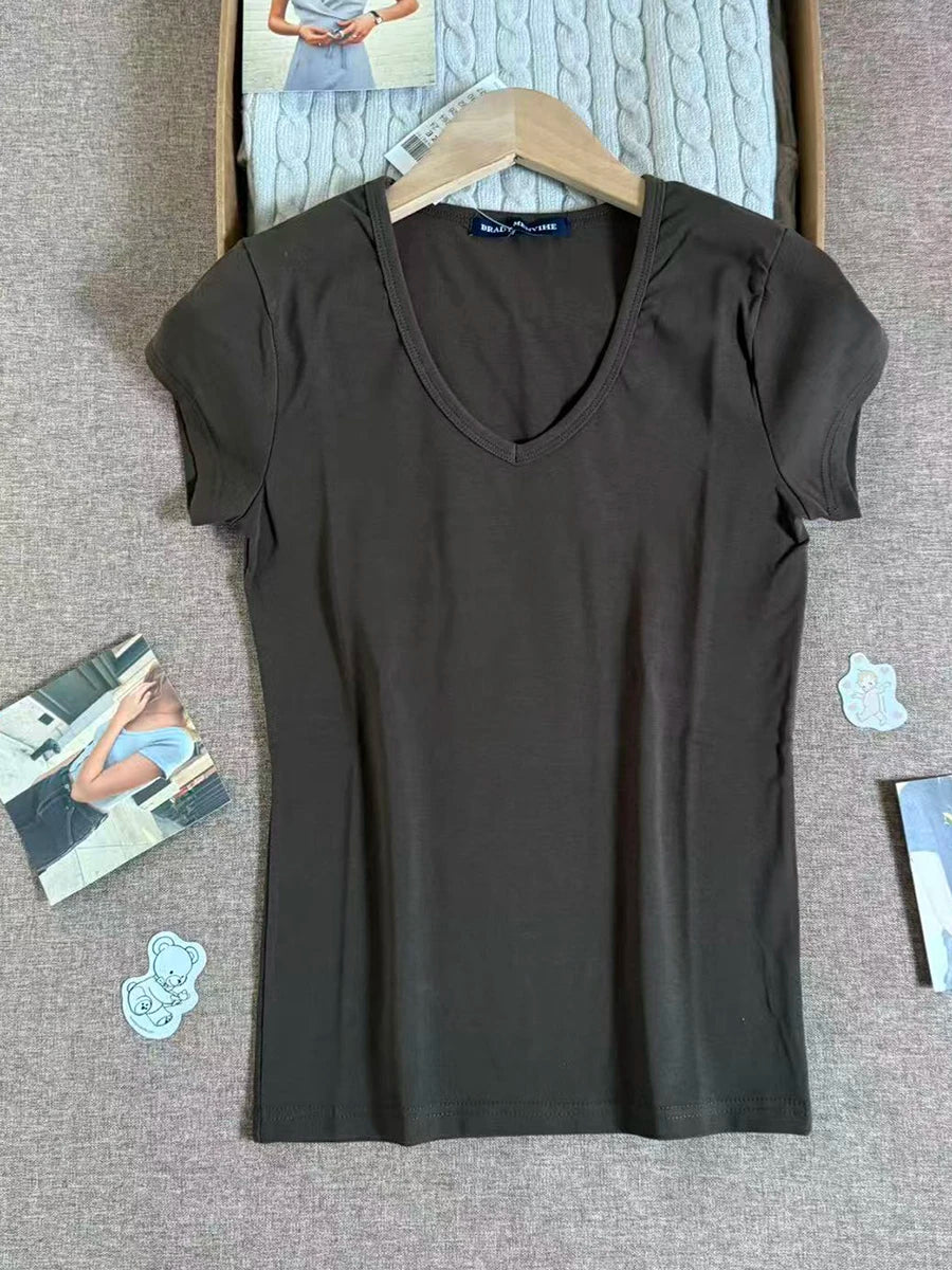 Camouflage Thin Short Sleeve T-shirt Women V-neck Cotton Slim All-match Tee Shirts Female Streetwear Vintage Y2k Tops Summer New