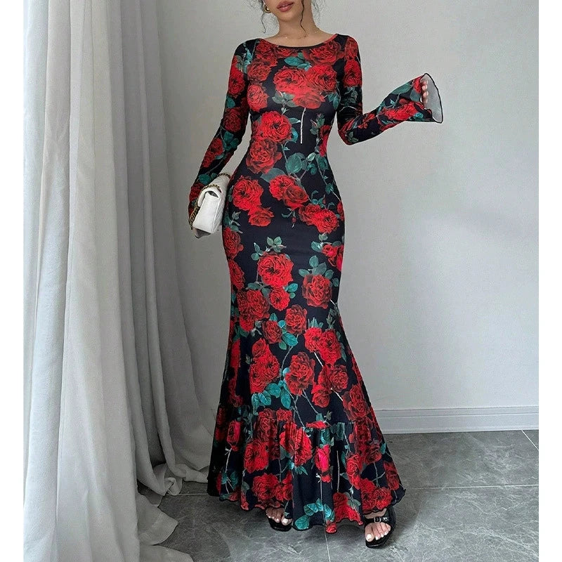 Elegant Rose Print Fishtail Maxi Dress – Long Sleeve