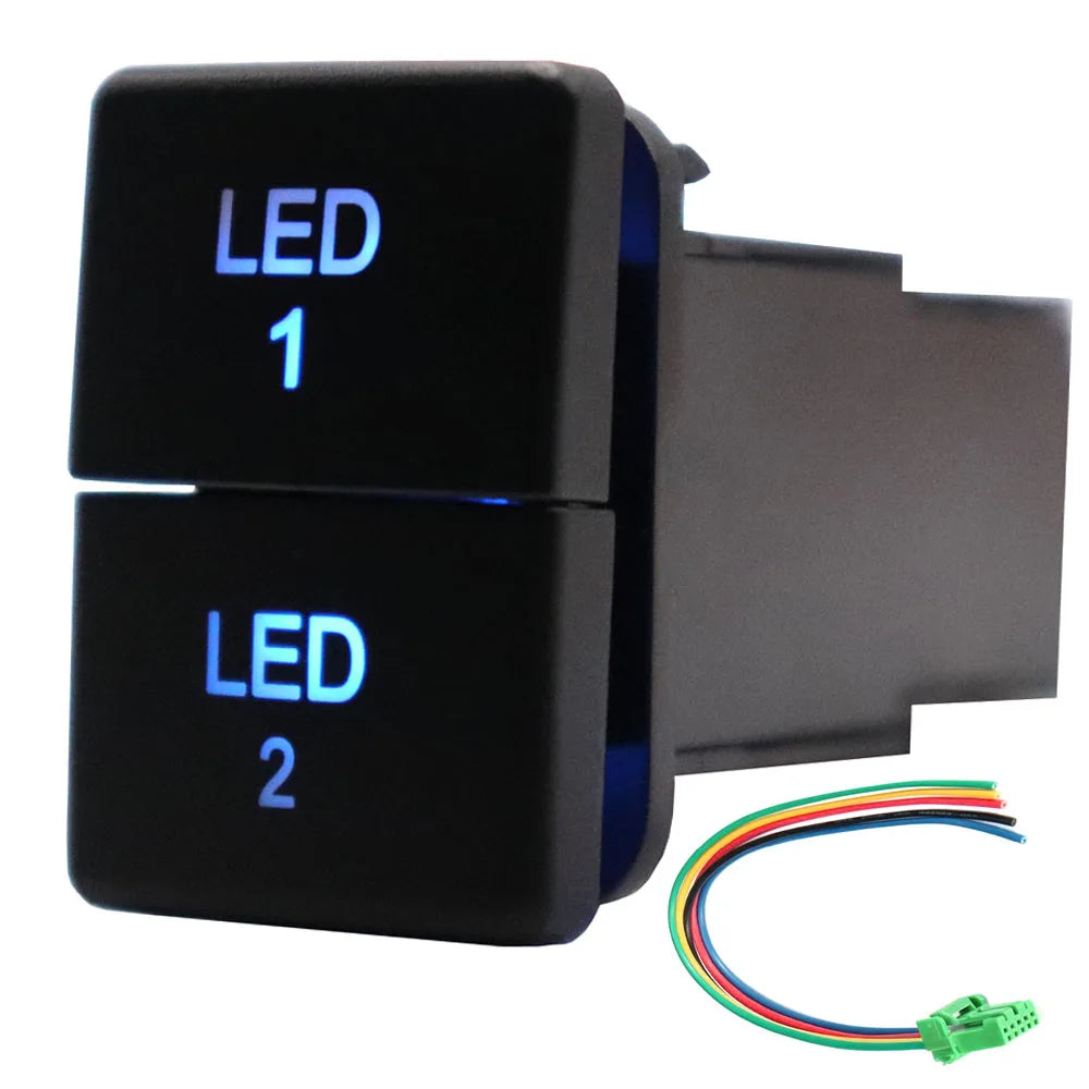 12V Dual Push Button Switch ON-Off Blue/Green Backlit 32.5mm X 22mm for Toyota 4Runner Hilux Prado RAV4, with Connector Wire