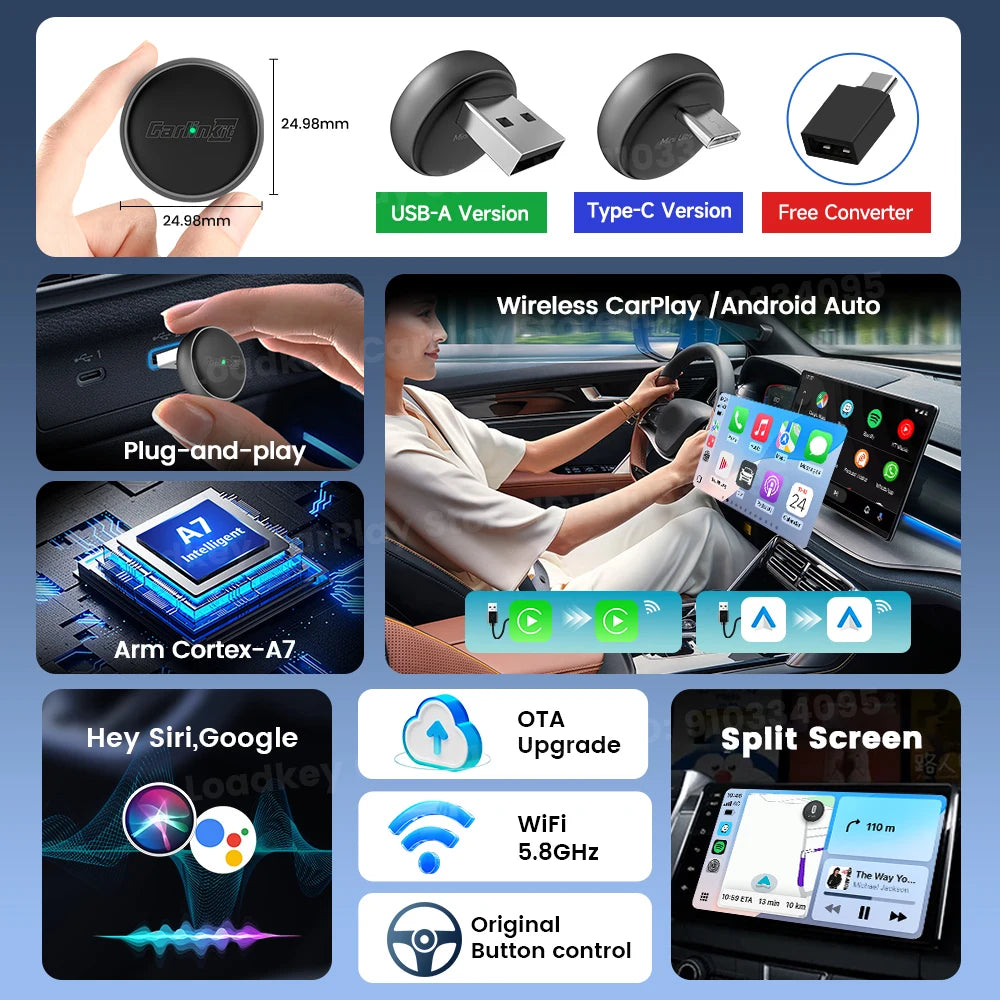 Mini 2-in-1 Wireless CarPlay & Android Auto Adapter (5.8GHz)