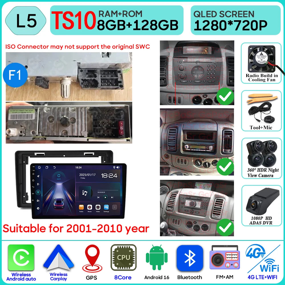 Car Stereo with Apple CarPlay & Android Auto, Compatible with Renault Trafic 2, Opel Vivaro A & Nissan Primastar