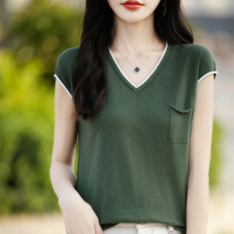 100% pure cotton T-shirt women's knitted patchwork short sleeved casual V-neck Tees summer basic loose Tops versatile pocket