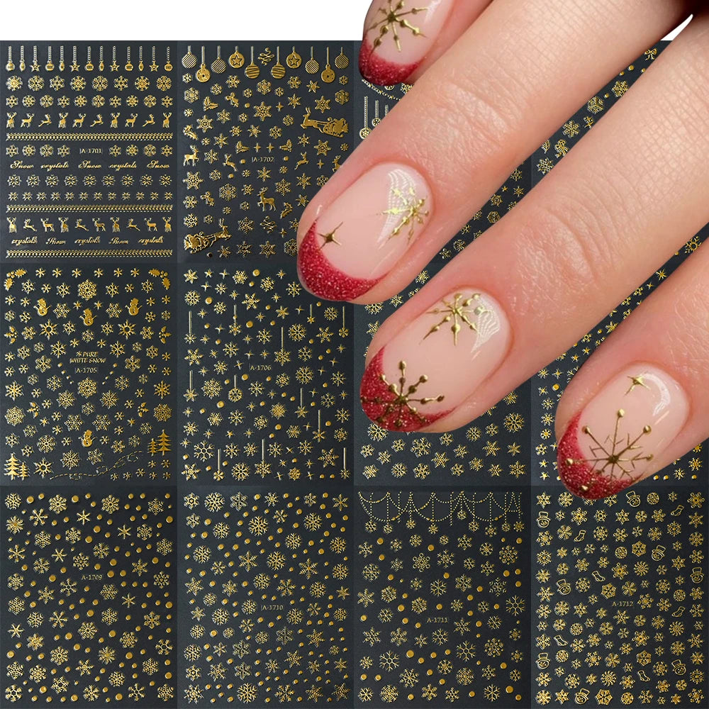 12pcs/set Gold Laser Snowflake Nail Stickers Set 3D Luminous Snowflakes Adhesive Nail Decals Winter Snowman Elk Maniucre Decorat