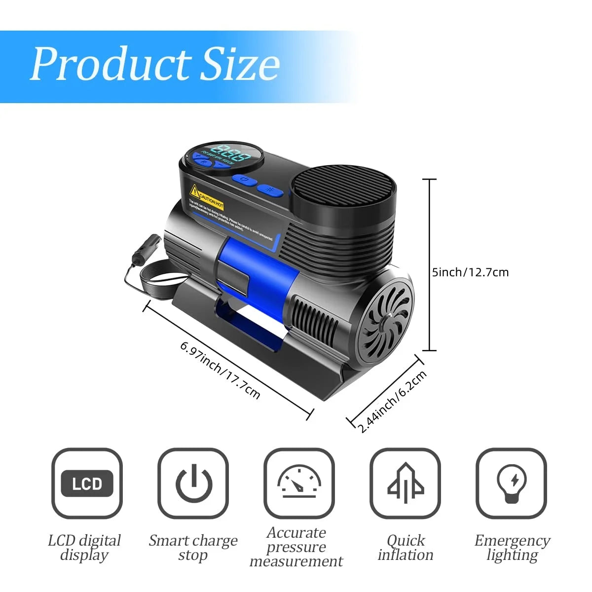 Portable Tire Inflator Air Compressor for Car, DC 12V Auto Tire Pump with Digital Pressure Display