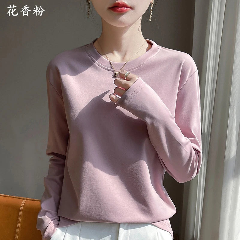 Spring And Summer New Mercerized Cotton Long Sleeve T-shirt Women's Round Neck Loose 100% Cotton Bottoming T-shirt