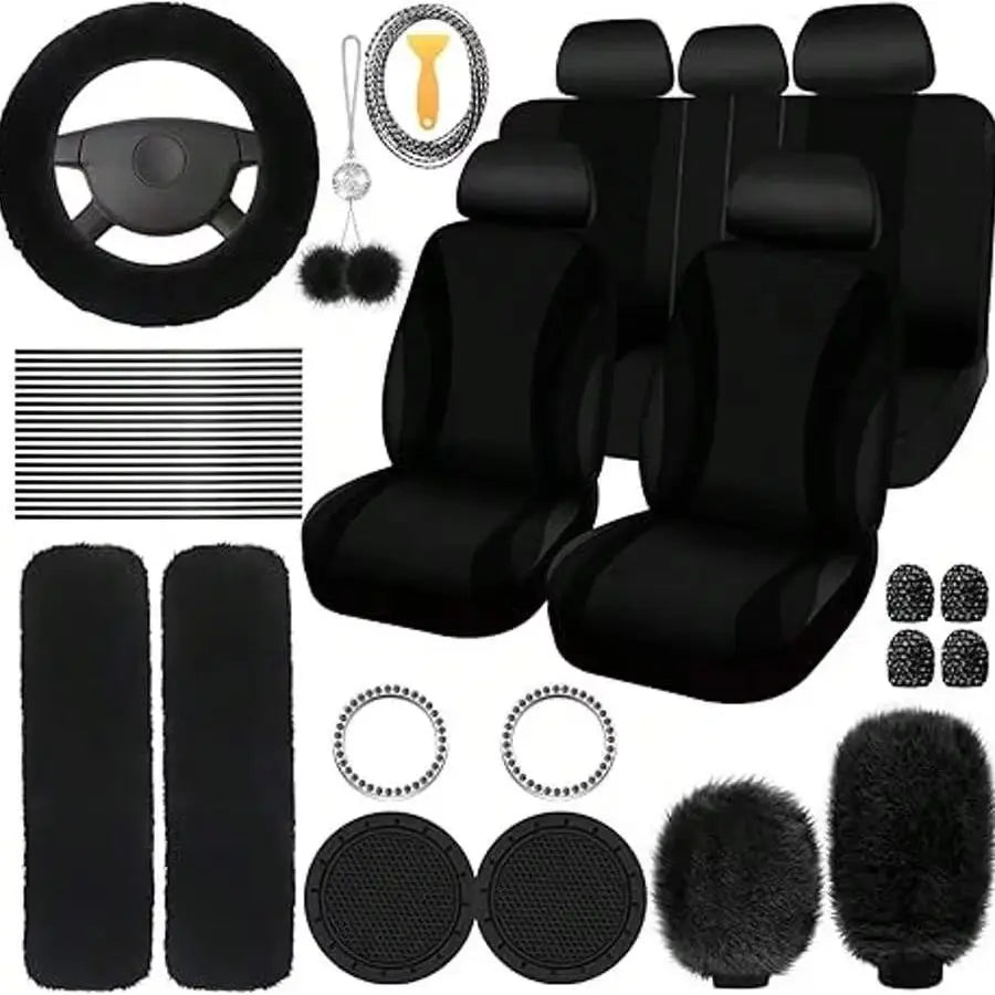 35-Piece Luxury Car Seat Cover Set - Soft Fluffy Steering Wheel Cover, Universal Safety Belt Protectors, Gear Shift Cover, Fashionable Interior Accessories For Women - Premium Polyester Fiber, Easy To Install, Stylish, And Pr