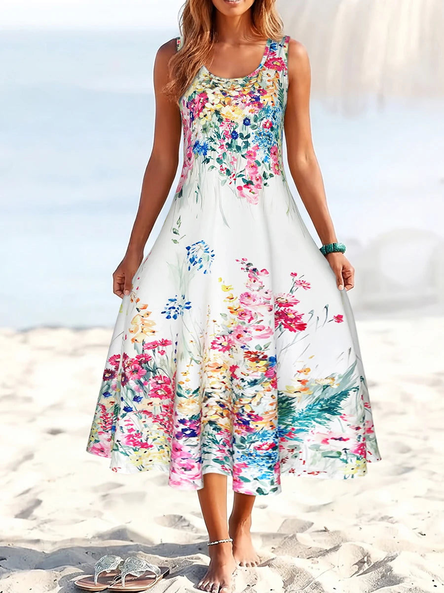 Women's Watercolor Print Sleeveless Midi Dress – Round-Neck Loose A-Line Summer Sundress
