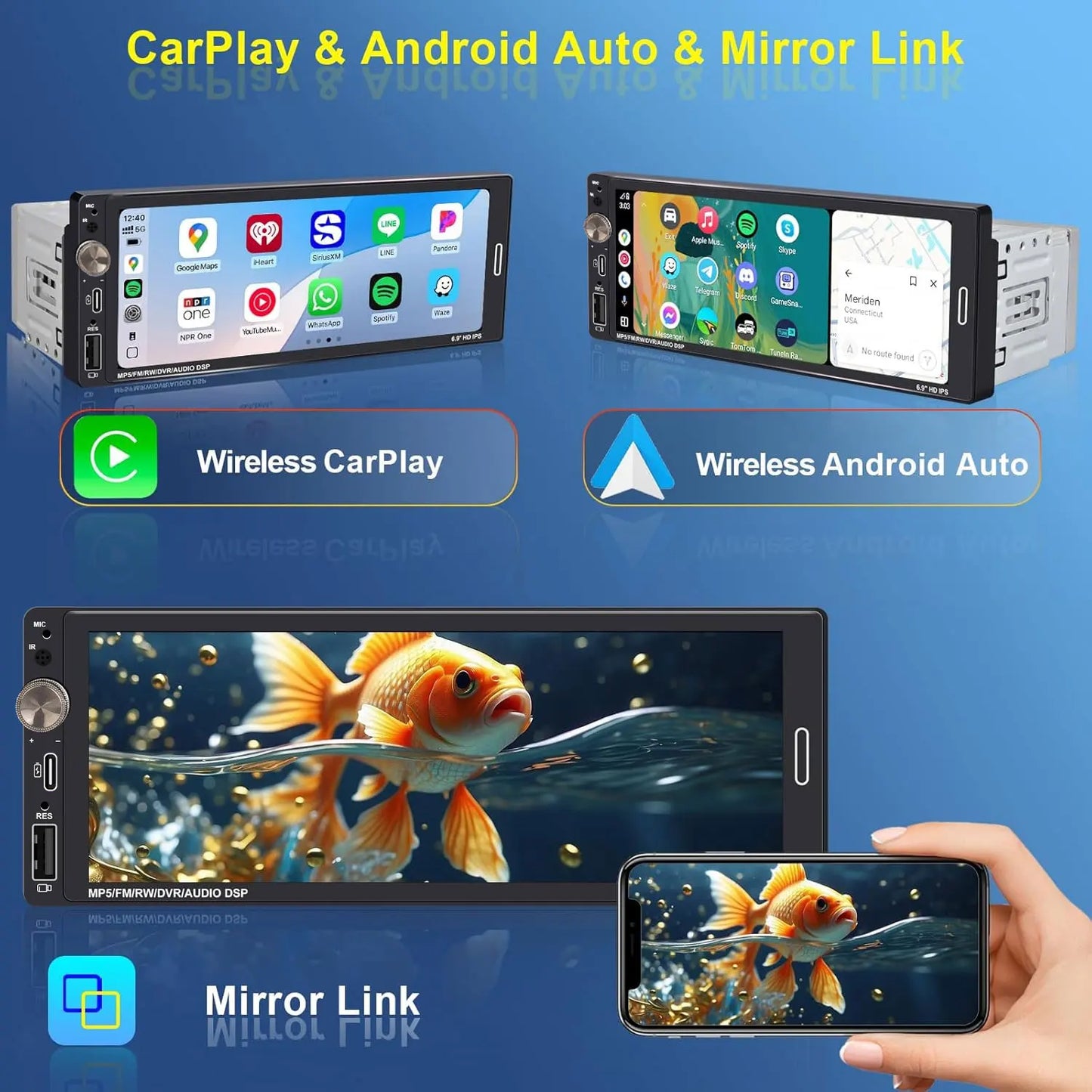 6.9" 1-DIN Car Stereo — Wireless & Wired CarPlay, Android Auto, USB-C Fast Charging, FM Radio