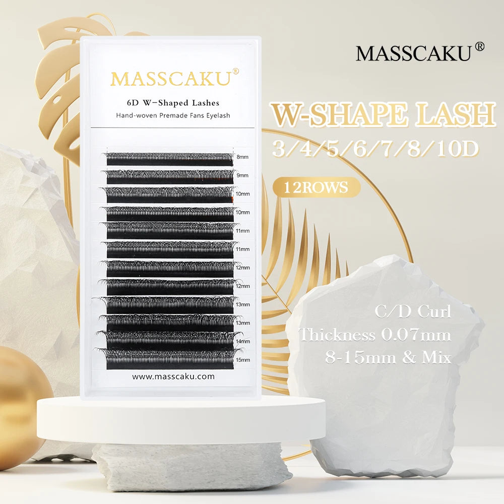 MASSCAKU 12Lines Premium Mink 3D 4D 5D 6D Pre-made False Eyelash W Shape Soft and Natural Individual Lash Extension Supplies