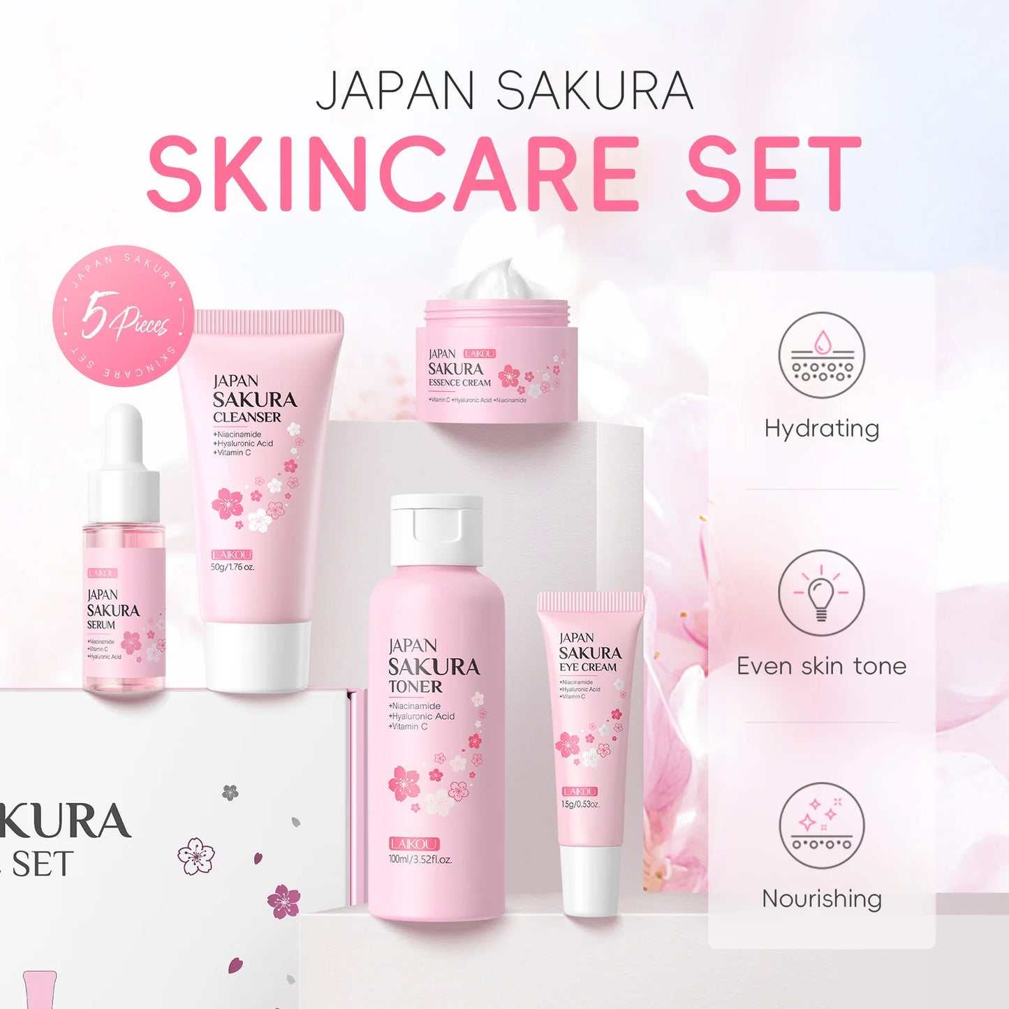 5pcs/set Laikou Sakura Skin Care Set Facial Cleanser Toner Face Serum Eye Cream Hydrating Moisturizing Anti Aging Skin Care Kit