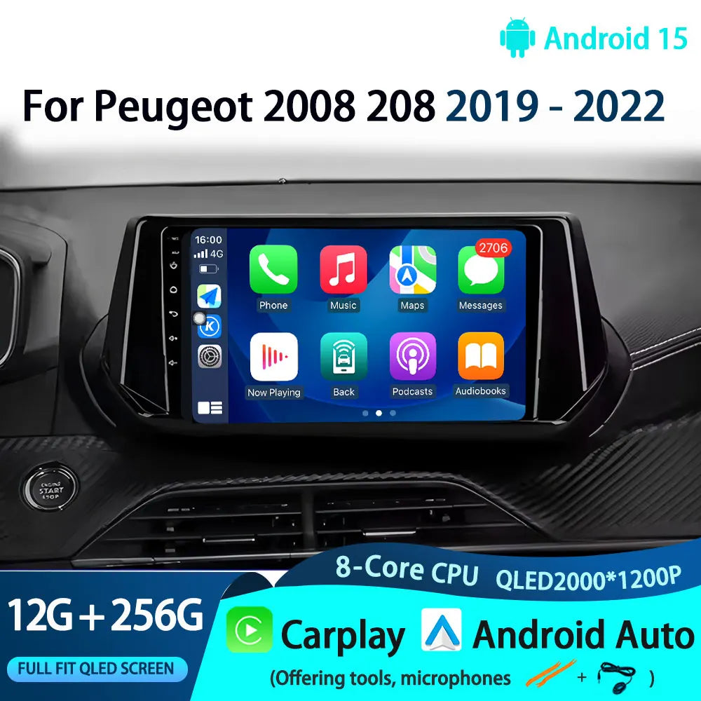 Car Stereo with Apple CarPlay & Android Auto, Compatible with Peugeot 2008 & 208 (2019-2022)