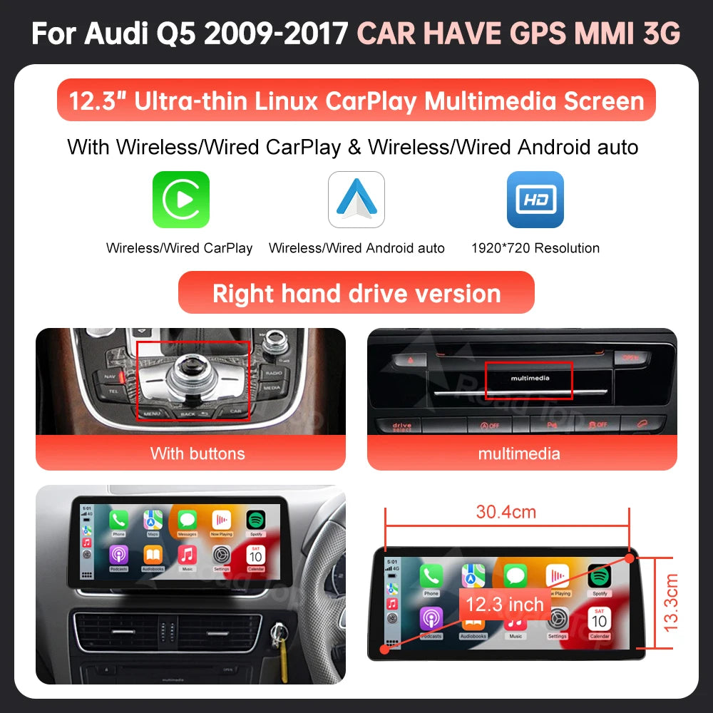 Wireless CarPlay & Android Auto Display Screen, Compatible with Audi Q5 (2009-2017)