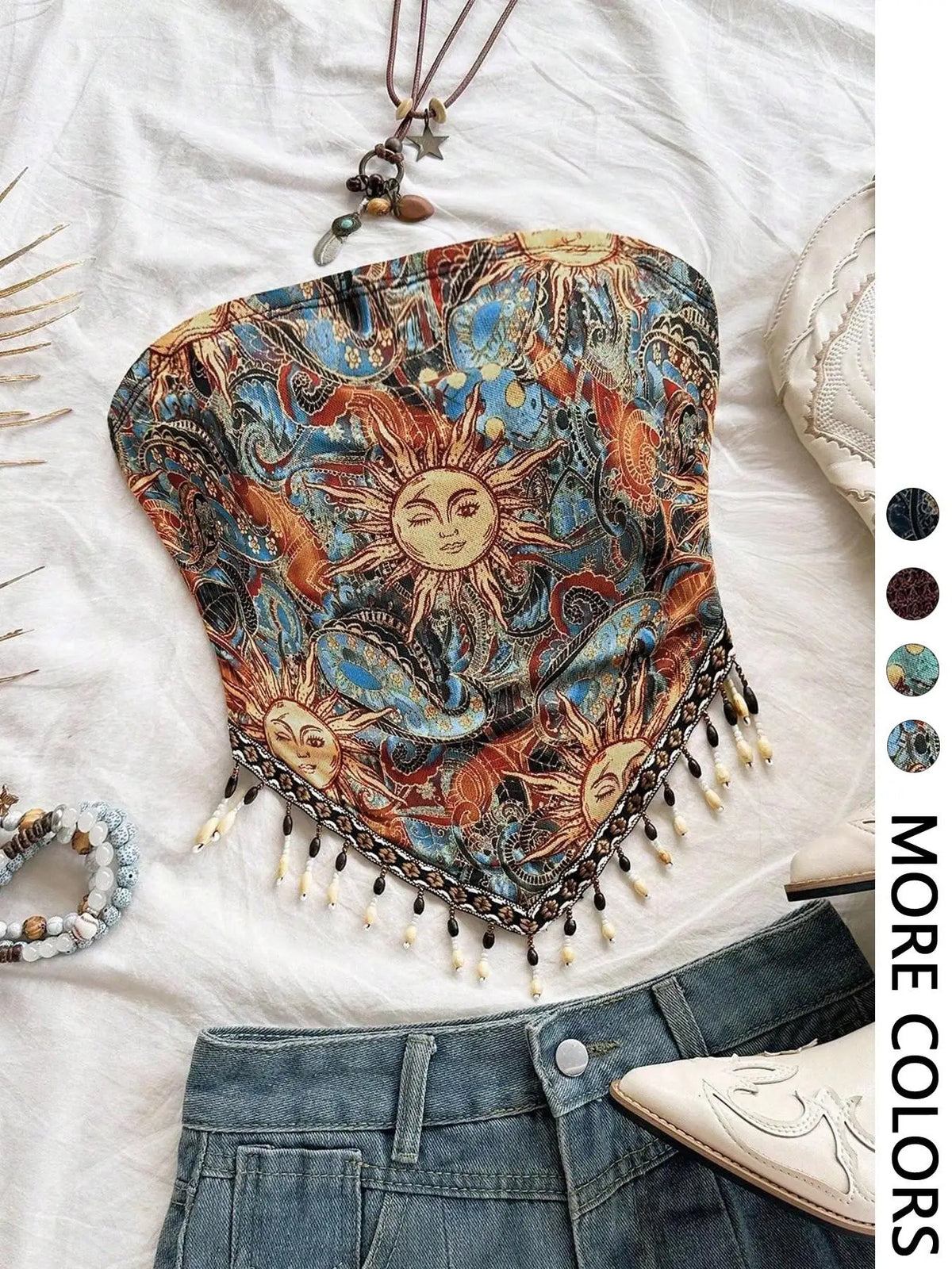 Women's beaded fringe printed mesh tube top — view 3 of 8