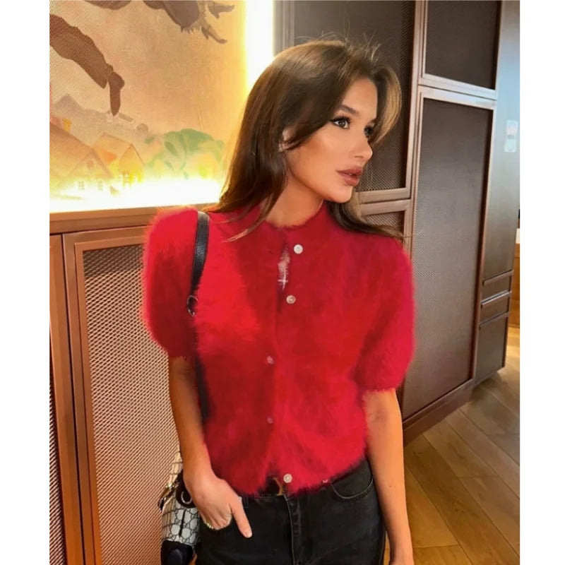 Women's Elegant Cardigan Short Sleeved Fashionable Single Breasted Plush Slim Fit Top Casual Daily Wear Sweater Solid Knitted