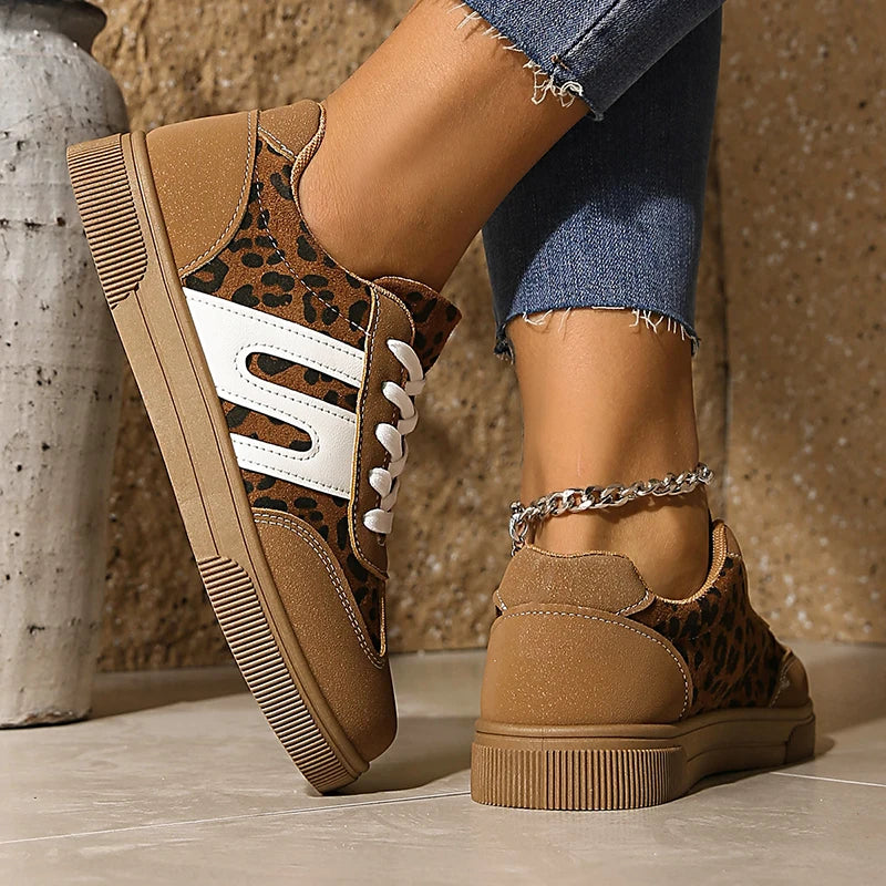 Brown Leopard Platform Sneakers for Women — Non-Slip Thick-Sole Trainers, Plus Size