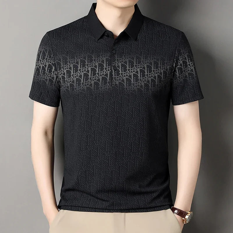 Men's Embossed Letter Polo - Lightweight Breathable Mesh, Lapel