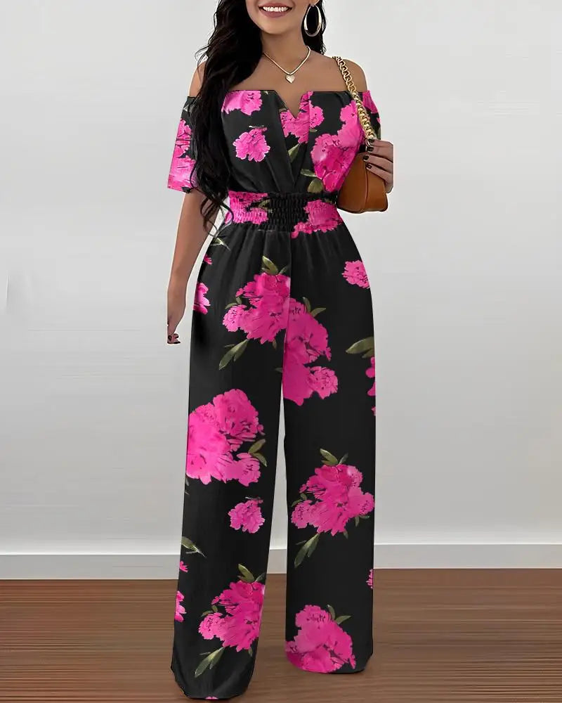 Jumpsuits for Women 2026 Spring Fashion Off Shoulder Casual Plain Short Sleeve Shirred Waist Daily Long Wide Leg Jumpsuit 2026
