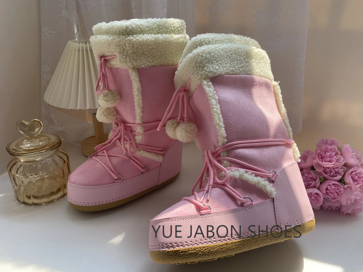 Women's Pink Plush Lace-Up Snow Boots, Platform