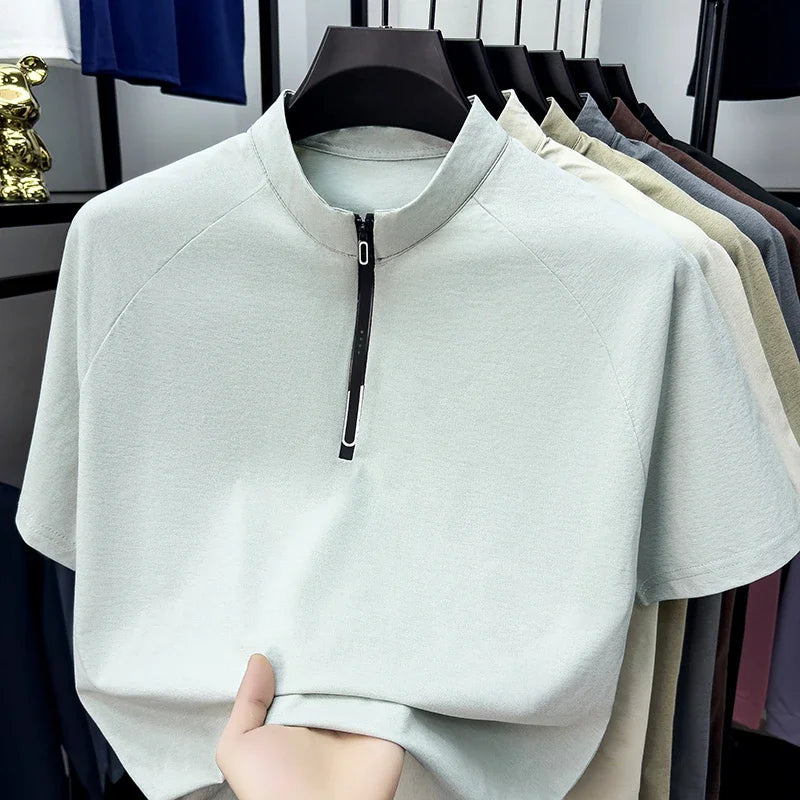 Men's Half-Zip Mandarin Tee - Cool-Touch Raglan, Breathable Knit